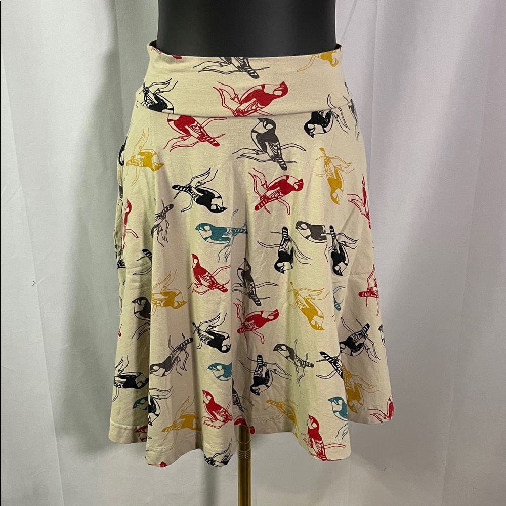 Effie’s Heart Beige Multicolor Bird Print High Waisted A-Line Carnaby Skirt